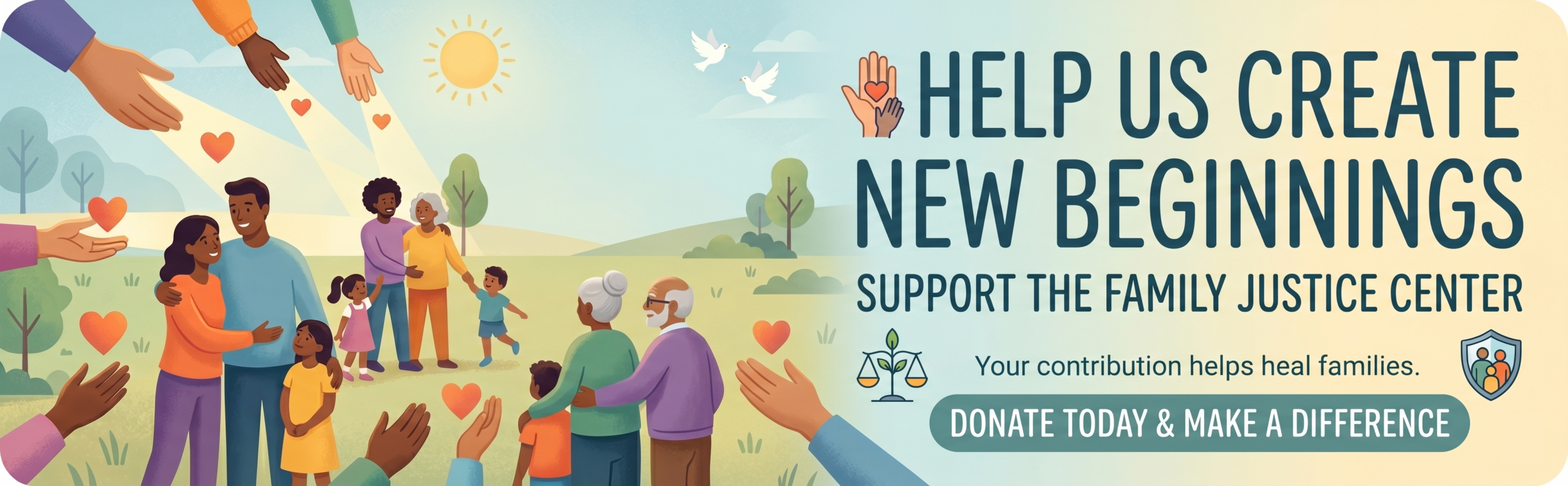 Animated image showing various families. Text that reads "Help us create new beginnings. Support the Family Justice Center. Your contribution helps heal families. Donate today and make a difference."